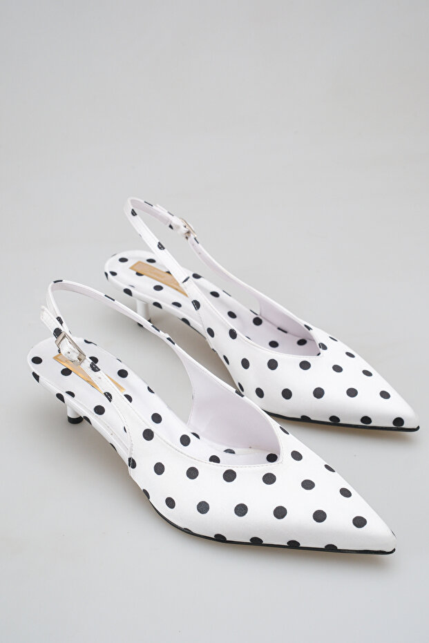 H01 Women's Polka Dot Pointed Toe Open Back Slingback Low-Cut Stylish Short 4 cm Heeled Shoes