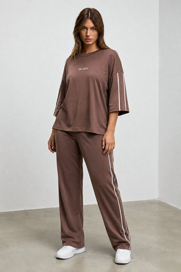 Oşho Modal Fabric Short Sleeve Double Piping Detailed Bottom and Top Set 2Xl-6Xl