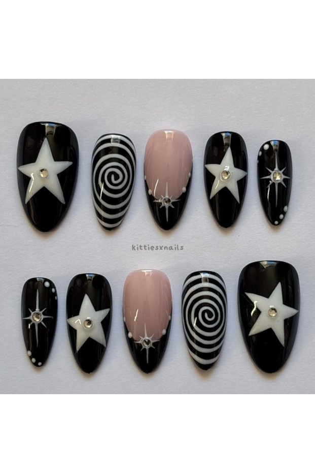 QXXX-M 10 Pieces of Hand-Pressed Almond-Shaped Nails, Beautiful False Nails, Featuring Black Swirl P
