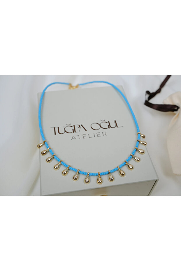 Kol393 Turquoise Beaded Drop Detail Summer Necklace