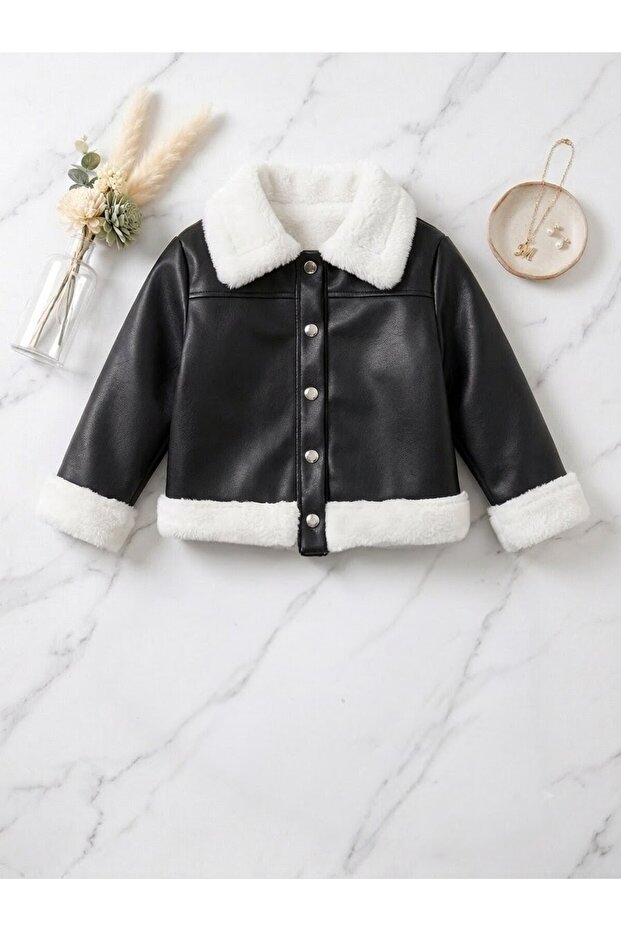 Girl's Faux Leather Jacket Coats Snap Closure Sporty