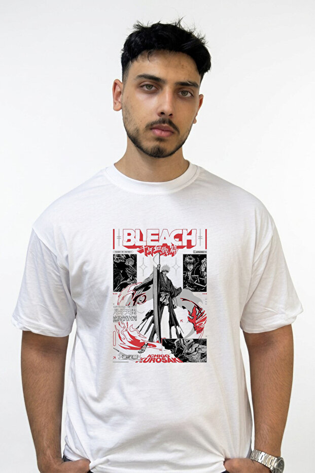 Bleach Ichigo Design Printed Oversize White T-Shirt