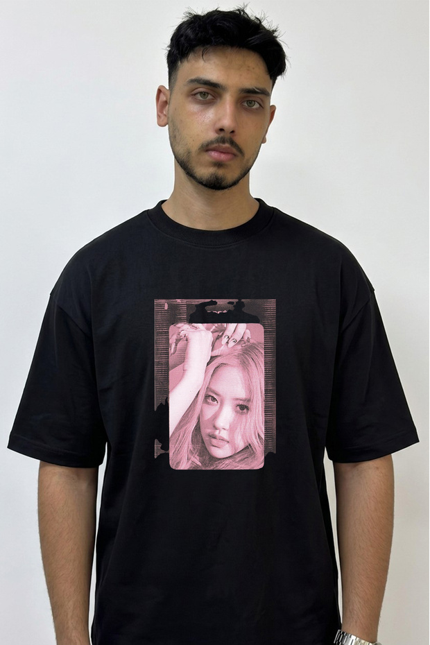 Jisoo Design Printed Oversize Black T-Shirt