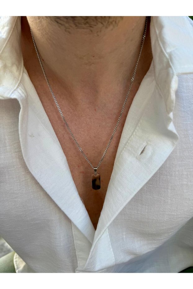 Ovandil Silver Color Stainless Steel Gourmet Chain Rectangle Plate Men's Necklace