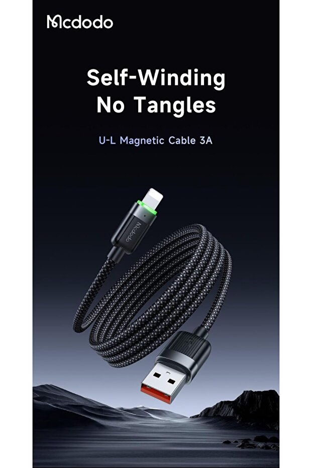 Mcdodo Lightning Cable 1.2m Fast Charging 3A CA-6000 Black, USB A to Lightning Magnetic Self Winding Data Cable, High Speed Sync, Tangle Free Durable Charger Cord