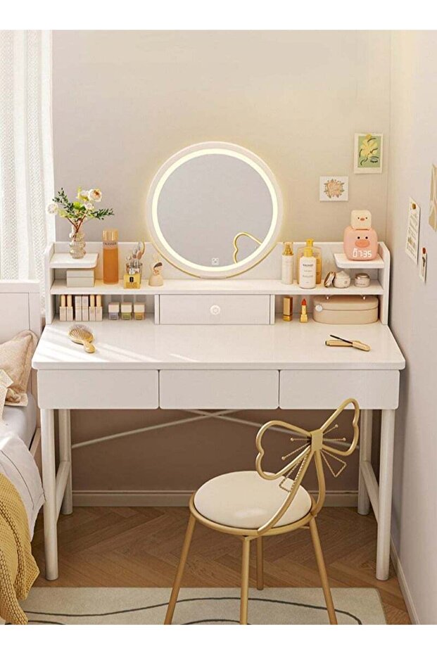 Simple Style Dresser Vanity Table with LED Mirrors & Drawers Space-saving Makeup Table for Bedroom Dressing Table With Drawers Vanity Table Beautiful 100*40*125.5CM (Dressing Stool Not Include