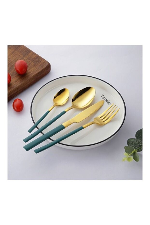 4-Piece Simple Design Cutlery Gift Set Gold/Green