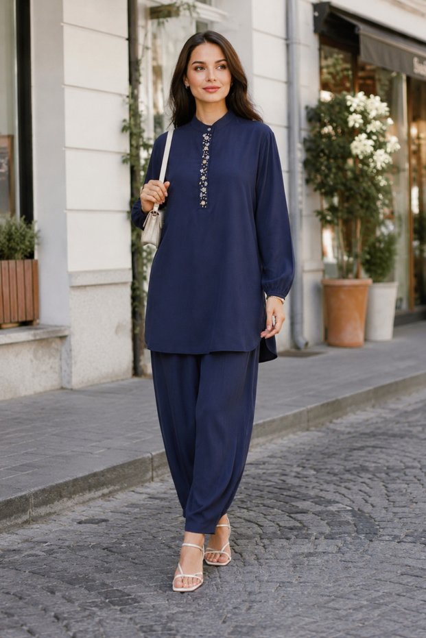 Women's Collar Embroidery Detailed Trouser Suit