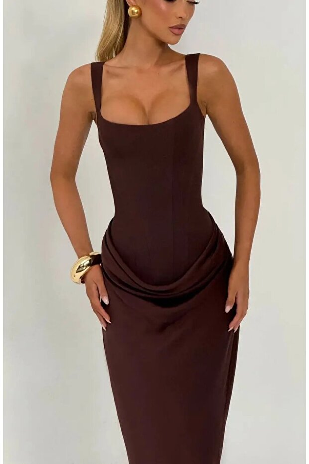 Maxi Length Lace-Up Adjustable Corset Detailed Dress – Brown