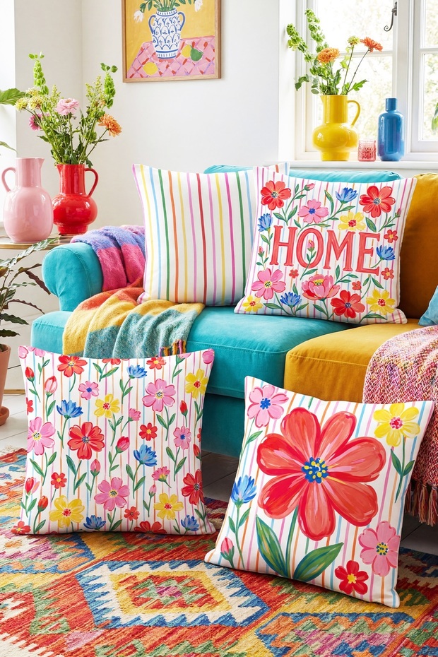 Pastel Drawing Flowers Patterned 4-Piece Throw Pillow Cover Set