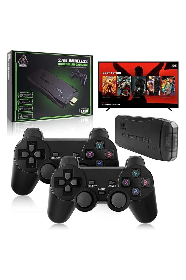 Integrated retro 4K game console with dual 2.4G wireless controllers, plug-and-play video game stick
