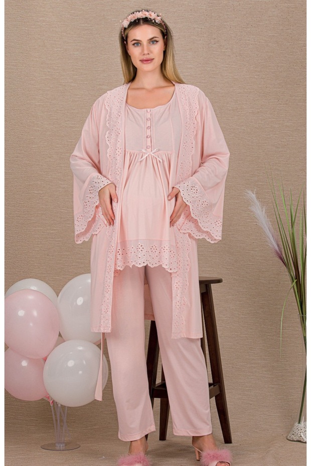 Buttoned Collar, Guipure Detailed, Short Sleeved, Stylish Maternity & Postpartum 3-Piece Pajama Set