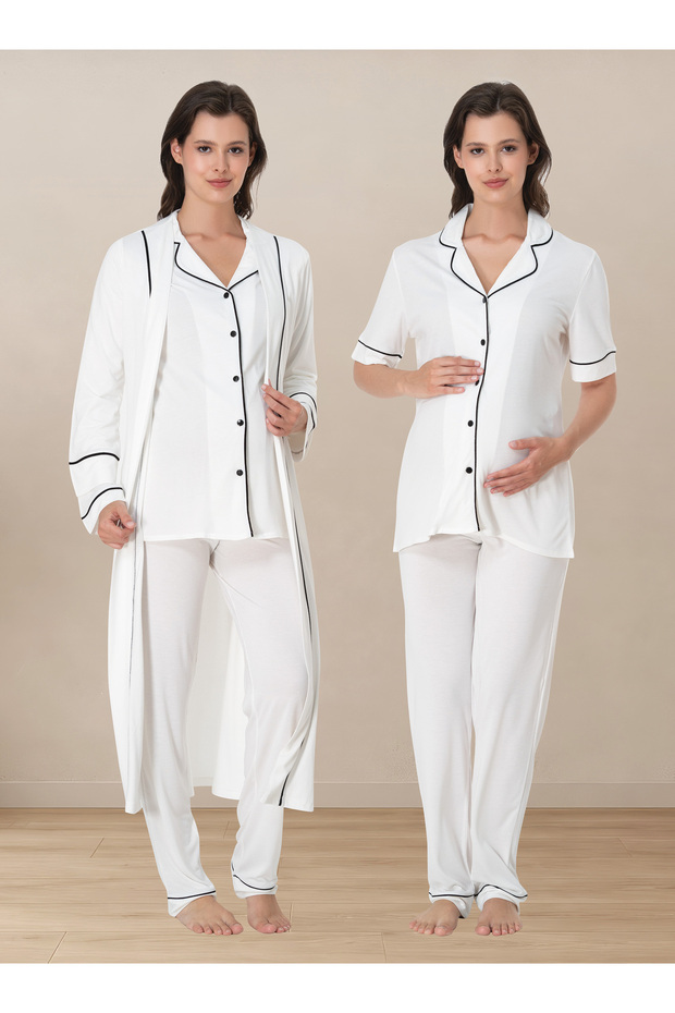 Buttoned Breastfeeding Short Sleeve Maternity Pajama and Dressing Gown Set Effortt - Ecru