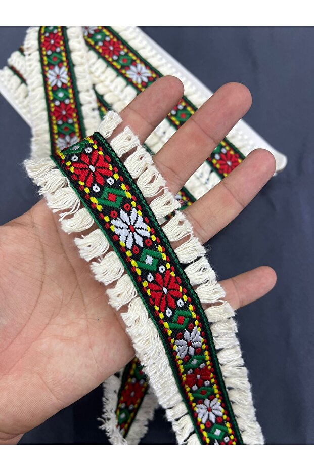 Tasseled Floral Patterned Ethnic Jacquard Woven Ribbon-1 Meter
