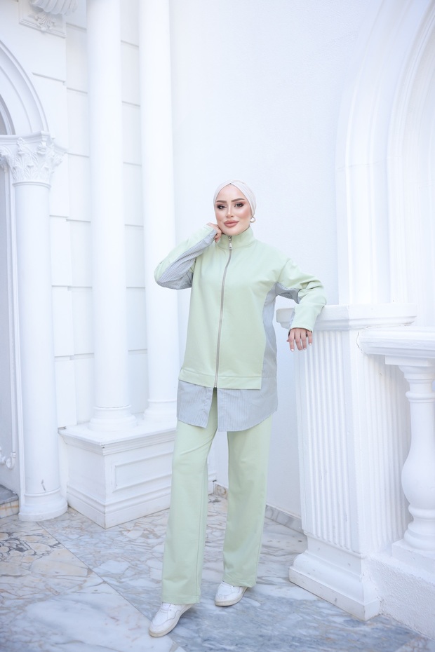 Women's Striped Garnished Zippered Hijab Bottom - Top Set