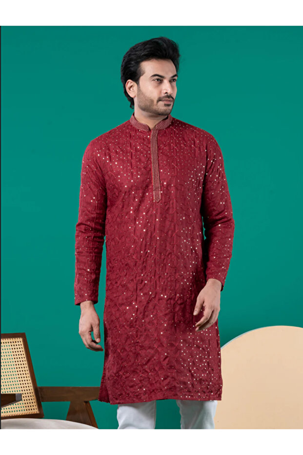 Mens Thread & Sequins Work Cotton Kurta Set