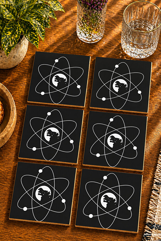 Godzilla Silhouette in the Atom Circle Modern Set of 6 Coasters - Uv Printing Mdf - 10X10 cm