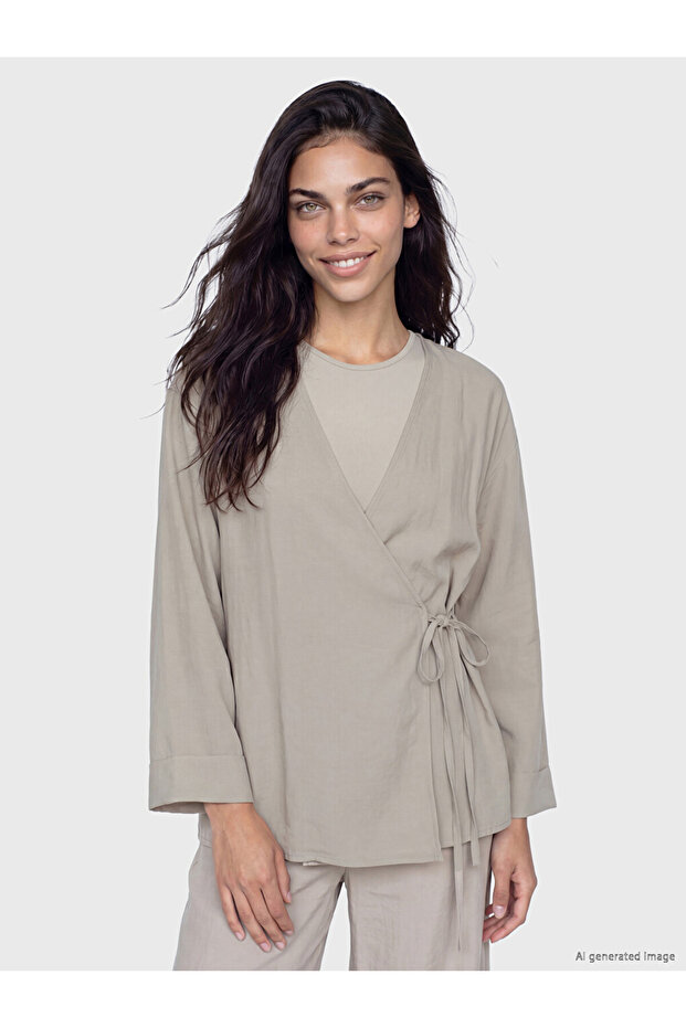 Lcw Modest Double-Breasted Collar Textured Modal Blend Women's Kimono