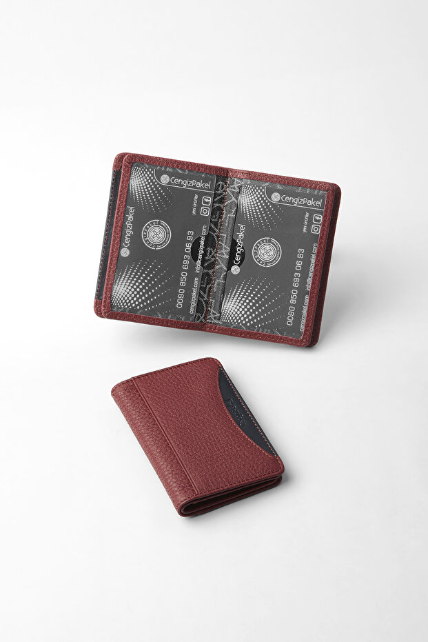 Genuine Leather Unisex – Slim Design Multi-Compartment Card Holder - 2525 - Burgundy/Navy Blue