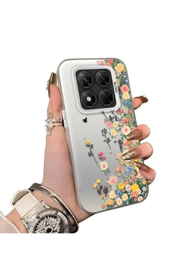 Poco X7 Compatible Silicone Edge Hard Back Case Couple Phone Case with Floral Pattern