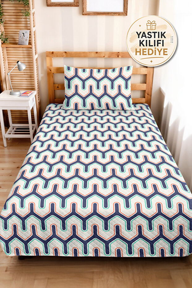 Navy Blue Geometric Youth Room Single Pique Set - Mint Retro 160X220 cm Quilted Bedspread
