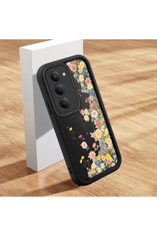 Silicone Couple Phone Case for Redmi 15 5g Compatible Black Flowered Pattern Camera Protective Case