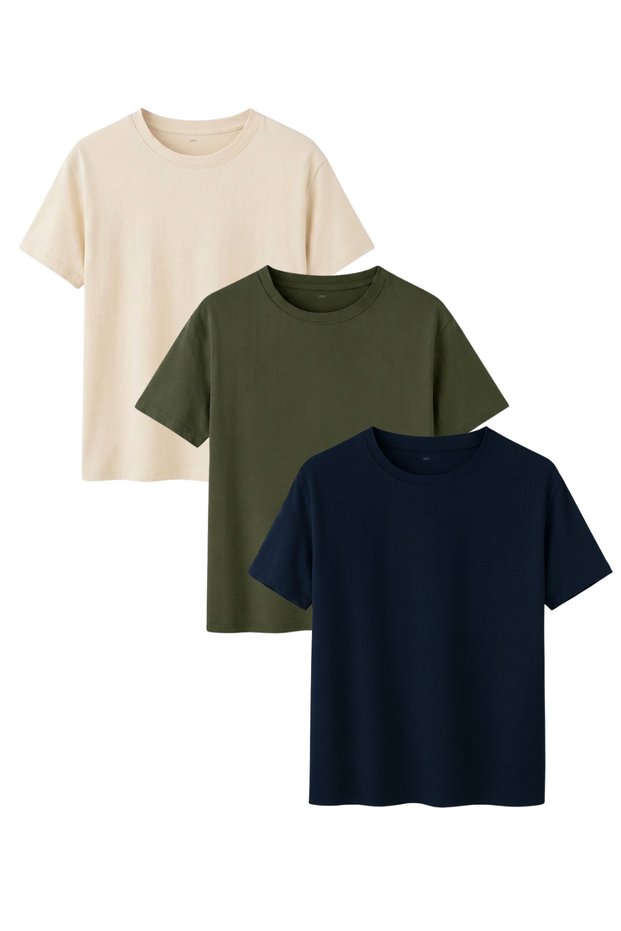 Men's 3-Pack Cotton Basic T-Shirt Short Sleeve Comfortable Fit Crew Neck Beige Khaki Navy Blue