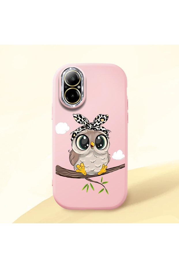 Realme C67 Compatible Case Camera Protector Pink Silicone Couple Phone Case with Owl Pattern