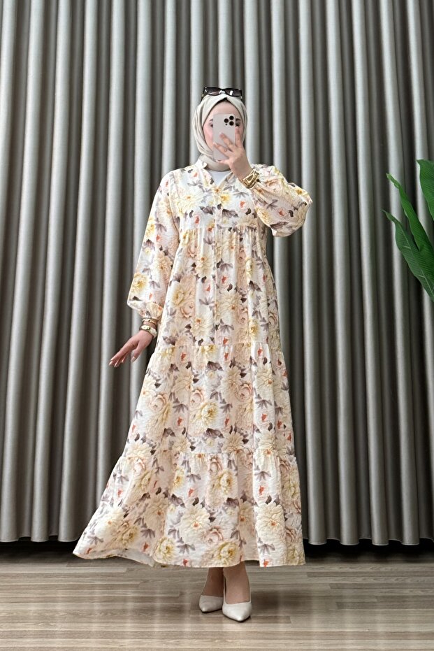 Armağan Elbi̇se Modal Mango Fabric Women's Yellow Half-Open Buttoned and Floral Patterned Hijab Dress