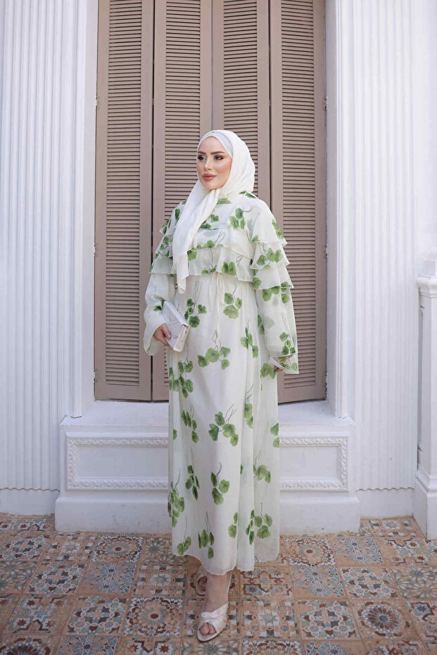 Green Sleeve Collar Ruffle Patterned Dress