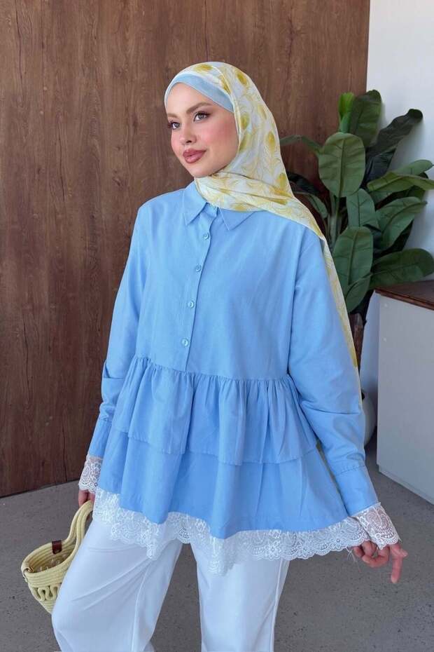 Leya Lace Detail Shirt Tunic Blue
