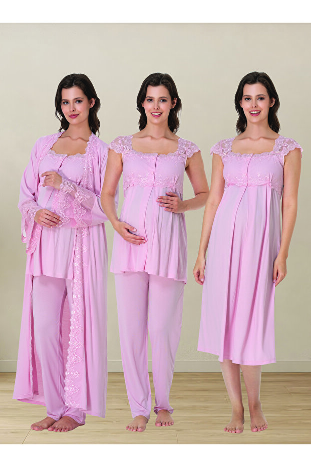 Maternity Pajamas and Nightgown Set with Breastfeeding Feature, 4-Piece Set