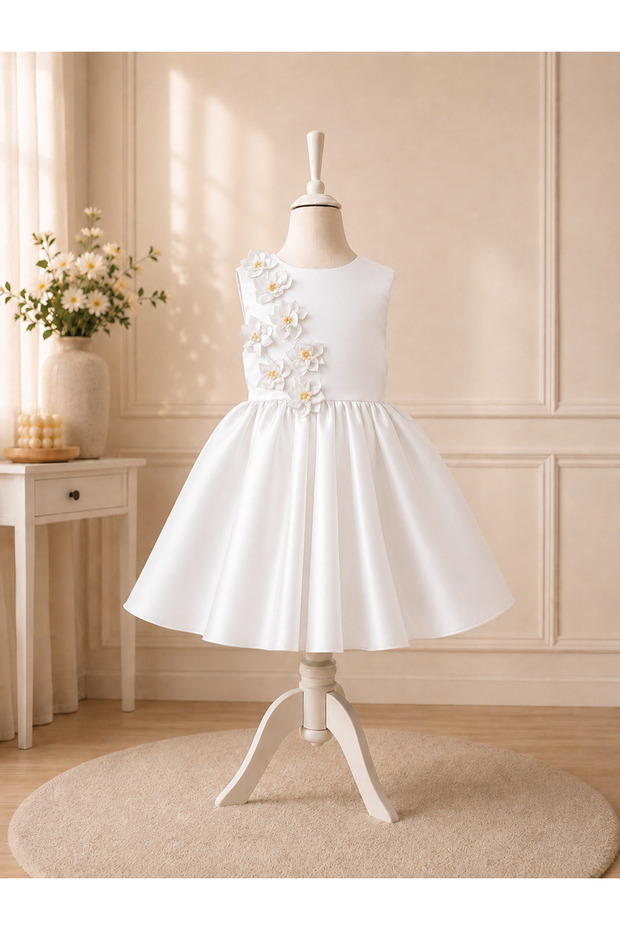 Special Design Lilya Model White Color Sleeveless Flower Accessory Detailed Girls' Evening Dress