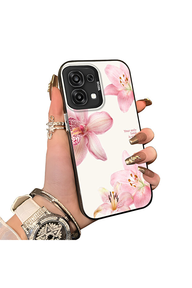 Oppo A6 Pro 5g Compatible Silicone Edge Hard Back Case Couple Phone Case with Floral Pattern