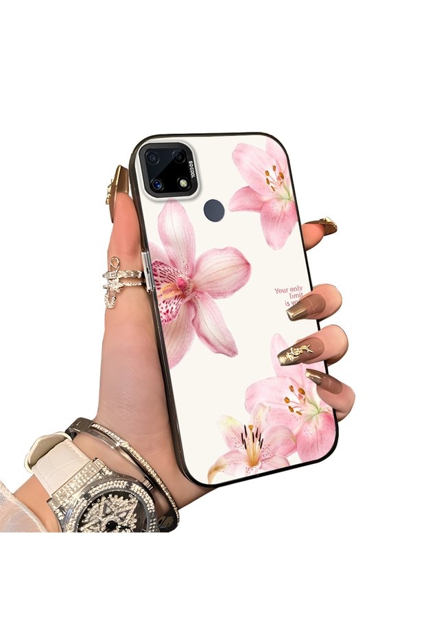Realme C25 Compatible Silicone Edge Hard Back Case Couple Phone Case with Floral Pattern