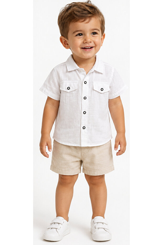 Boy's Button Closure Ecru Color Shirt with Pocket Model