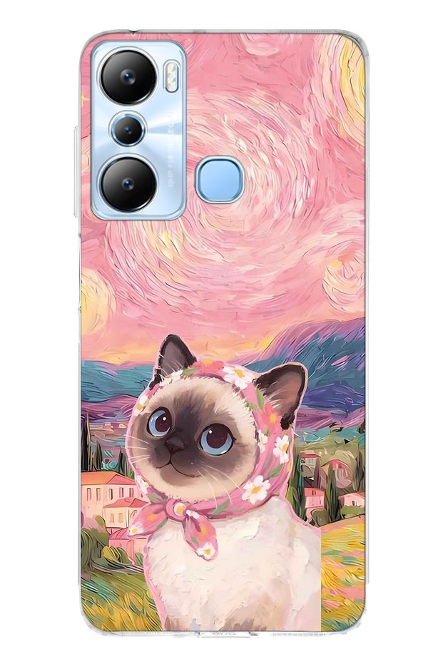 Infinix Hot 20I Compatible Van Gogh Themed Cat Pattern Transparent Phone Case