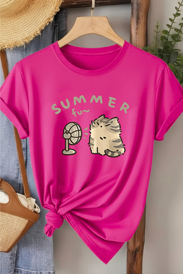 Summer Fan Cat Printed Women's Cotton T-Shirt