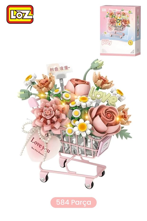 Creative Series Led Pink Flower Basket Figure 584 Piece Block Toy Decorative Building Set -41