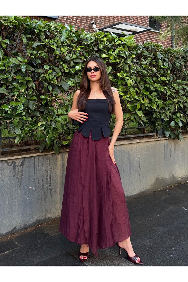 Plum Tulle Detailed Segmented Skirt - 3410