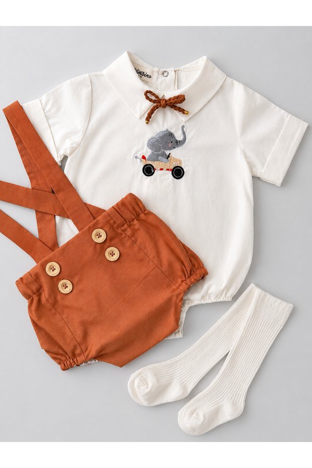 100% Cotton Fabric Baby Boy Elephant Embroidered Concept Party Baby Romper Set