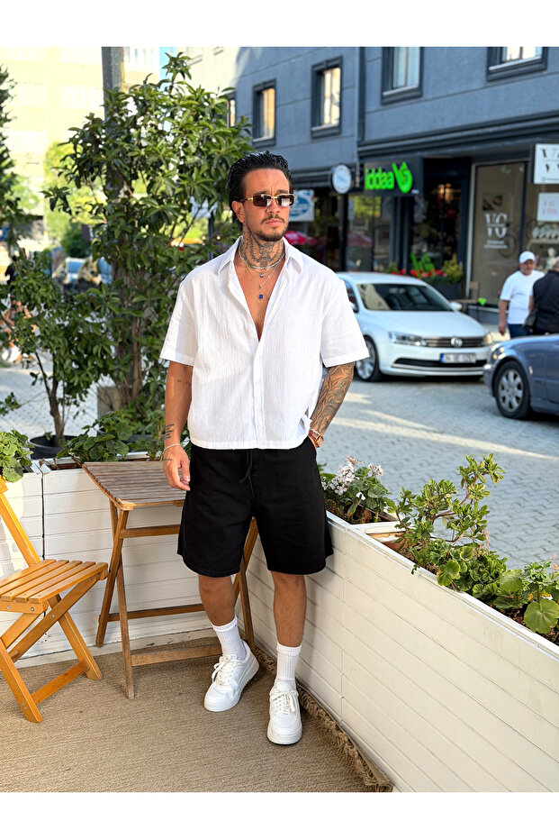 Boxy Fit Crinkle Short Sleeve Linen Shirt White