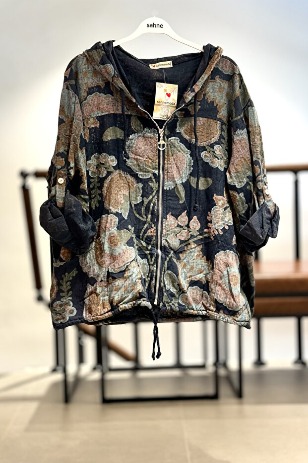 Filiz pattern zippered hooded imported jacket