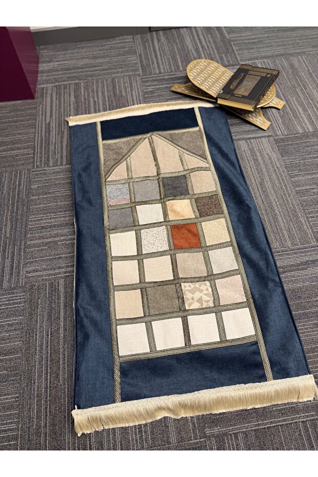 Modern Patchwork Mosaic Patterned Fringed Prayer Rug