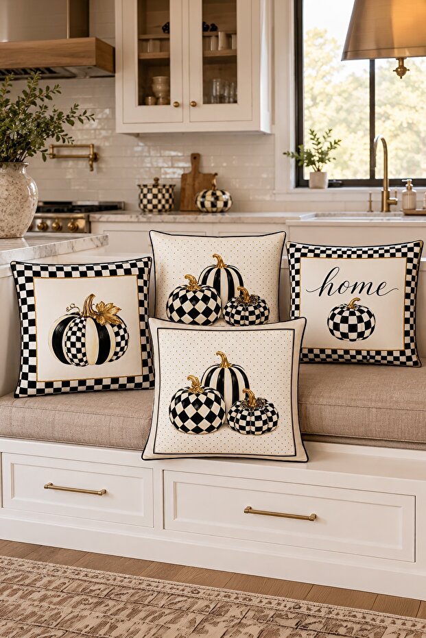 Checkered Pumpkins Patterned 4-Piece Throw Pillow Cover Set