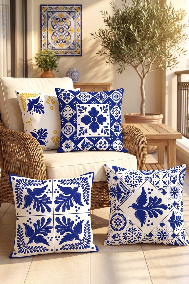 Navy Blue Birds Patterned 4-Piece Throw Pillow Cover Set