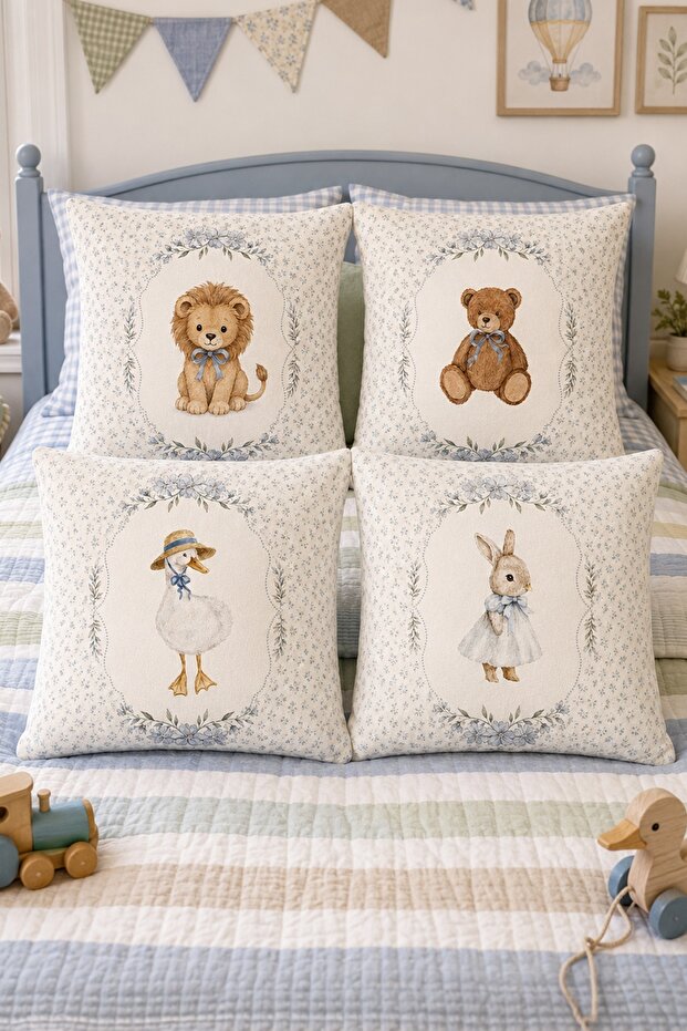 Cute Friends Patterned 4-Piece Children's and Baby Pillowcase Set with Floral Borders