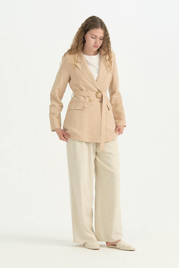 Double-Breasted Belted Linen Jacket - Beige