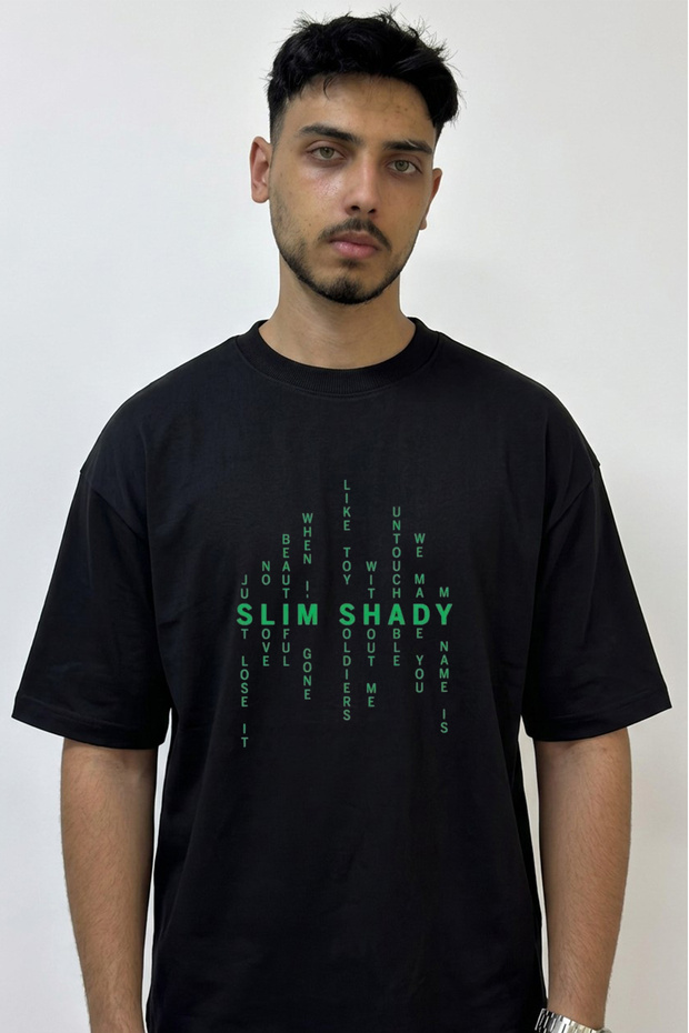 Slim Shady_9 Design Printed Oversize Black T-Shirt
