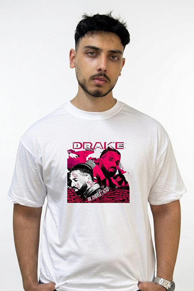 تي شيرت أبيض كبير الحجم مطبوع بتصميم Drake_54
